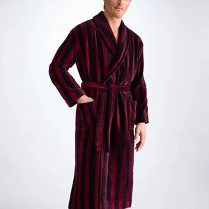 Derek Rose London Aston Terry Cotton Bathrobe Mens Large Stripe Red Navy Robe